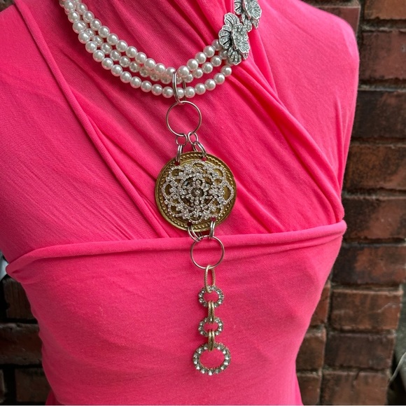 Pearl Necklace Medallion Convertible Assemblage Art Repurposed Pendant Handmade - Picture 1 of 10